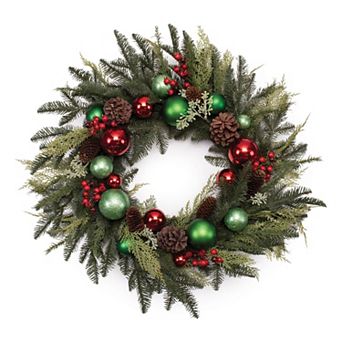 Pine With Ornament Wreath For Front Door, Wall Decor, Entryway Styling, Grapevine Base