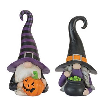 Set of 2 Witch Gnome Figurines for Halloween Tabletop Mantel and Shelf Decor