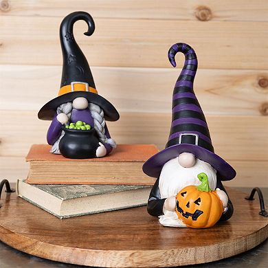 Set of 2 Witch Gnome Figurines for Halloween Tabletop Mantel and Shelf Decor