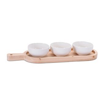 Dip and Condiment Bowl Set Stoneware 3 Bowls with Wood Stand Countertop Organizer