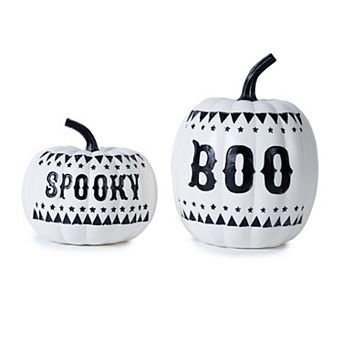 Set of 2 Spooky and Boo Pumpkin Decor for Halloween Tabletop Mantel and Shelf Styling