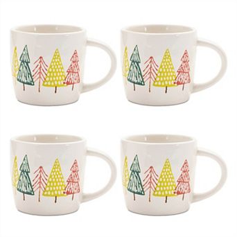 4 pc Ceramic Mugs Pine Tree Pattern Coffee Tea Hot Cocoa Drinkware Set