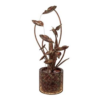 Hummingbird and Leaf Cascading Fountain Iron Water Feature with Built-in Light for Patio Home Decor