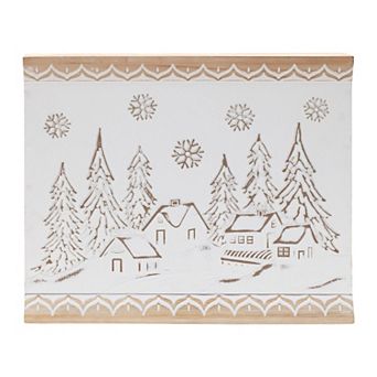 Winter Village Wall Art Wood Carved Snow Trees Snowflake Holiday Mantel Entryway Decor