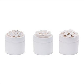Stoneware Decorative Box Set of 3, Floral Lid Round Storage Jewelry Shelf Display Decor