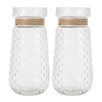 Set of 2 Textured Glass Vases with Jute Rope Accent for Flowers and Table Decor