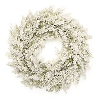 Pine Inspired Wreath With Snow Like Flocked Finish For Front Door, Wall Hanging, Mantel Decor