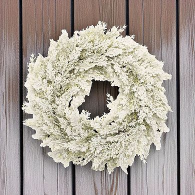 Pine Inspired Wreath With Snow Like Flocked Finish For Front Door, Wall Hanging, Mantel Decor