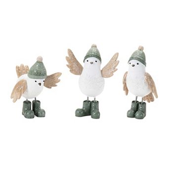 Set of 6 Holiday Bird Figurines with Snowboots, Stocking Hats, and Glitter Accents