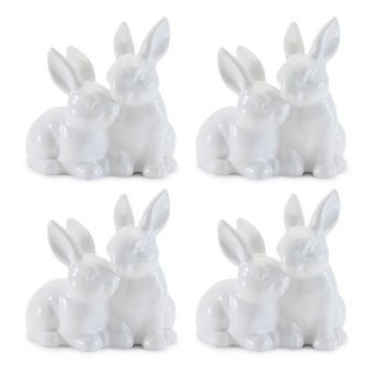Set of 4 Ceramic Bunny Figurines Double Rabbit Couple Design Spring Tabletop and Garden Decor