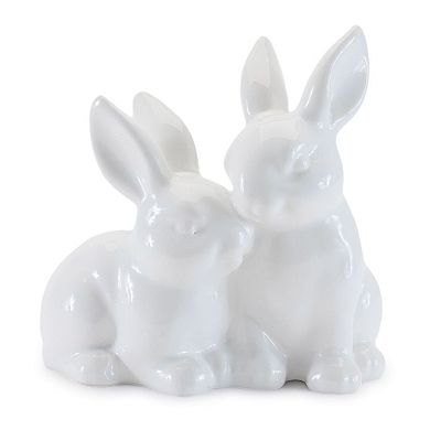 Set of 4 Ceramic Bunny Figurines Double Rabbit Couple Design Spring Tabletop and Garden Decor