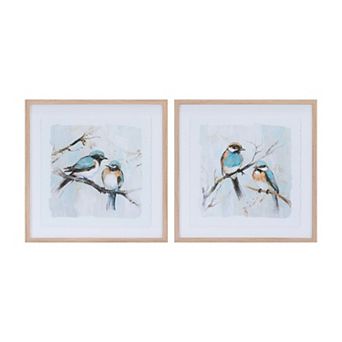Set of 2 Framed Bird Wall Art Painted Birds on Branches Prints Square Wall Decor for Living Room