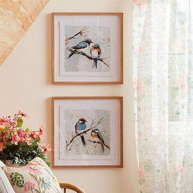 Set of 2 Framed Bird Wall Art Painted Birds on Branches Prints Square Wall Decor for Living Room