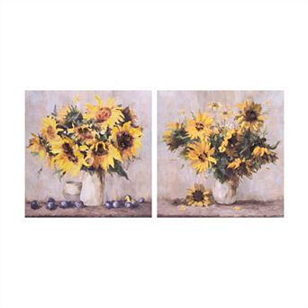 2 pc Sunflower Canvas Wall Art Vase Floral Arrangement Textured Print Square Wall Decor for Entryway