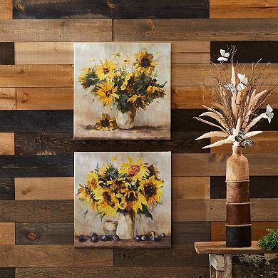 2PC Sunflower Canvas Wall Art Vase Floral Arrangement Textured Print Square Wall Decor for Entryway