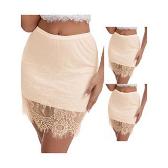 3 Packs Women's Anti-Static Above Knee Half Slip Solid Regular Fit Lace Hem Short Under Dresses