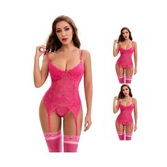 3 Packs Women's Lace Mesh Lingerie Sets Push-Up Hourglass Corset Adjustable Thigh Straps Garter Belt