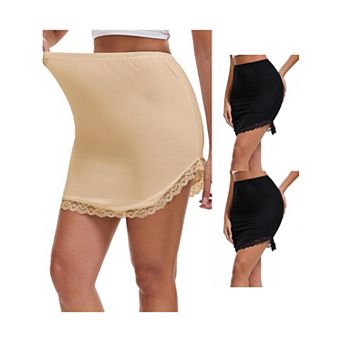 3 Packs Women's Curved Slit Lined Lace Trim Half Slip Modal High Waist Knee Length Underskirt