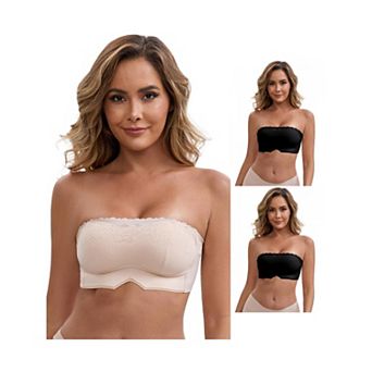 3 Packs Women's Lace Anti-Slip Strapless Wireless Padded Tube Bra Push-Up Soft Full Cup Bandeau