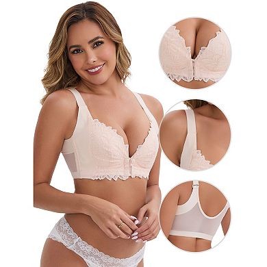 3 Packs Women's DeepV Adjustable Straps Underwire Support Minimizers Push-Up Front Closure Lace Bras