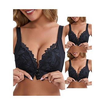 3 Packs Women's DeepV Adjustable Straps Underwire Support Minimizers Push-Up Front Closure Lace Bras