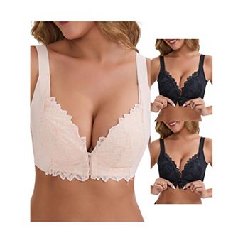 3 Packs Women's DeepV Adjustable Straps Underwire Support Minimizers Push-Up Front Closure Lace Bras