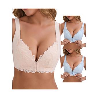 3 Packs Women's DeepV Adjustable Straps Underwire Support Minimizers Push-Up Front Closure Lace Bras