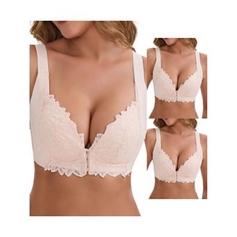 3 Packs Women's DeepV Adjustable Straps Underwire Support Minimizers Push-Up Front Closure Lace Bras