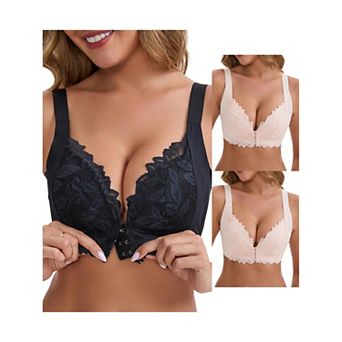 3 Packs Women's DeepV Adjustable Straps Underwire Support Minimizers Push-Up Front Closure Lace Bras