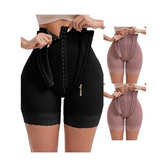 3 Packs Women's High Rise Lace Trim Control Panties Zipper Hooks Hip-Lift Waist Shaperwear Knickers