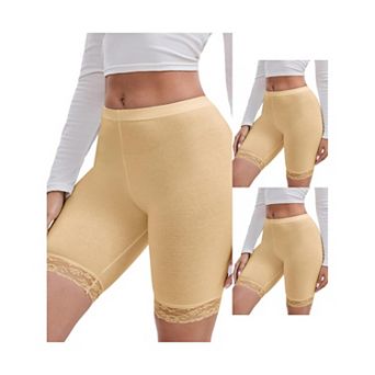 3 Packs Women's Lace Trim Medium Length Control Panties Elastic Soft Solid Slimming Shorts