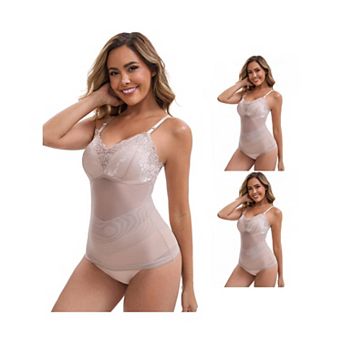 3 Packs Women's Lace Mesh See Through V-Neck Control Cami Padded Adjustable Spaghetti Straps Tank