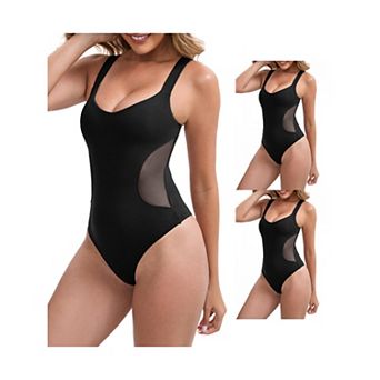3 Packs Women's Mesh Seamless Buckle Crotch Leotard Wide Straps Push Up Slimming Waist Bodysuits