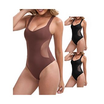 3 Packs Women's Mesh Seamless Buckle Crotch Leotard Wide Straps Push Up Slimming Waist Bodysuits