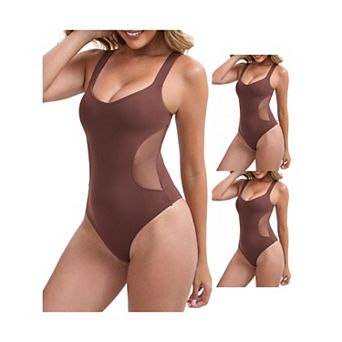 3 Packs Women's Mesh Seamless Buckle Crotch Leotard Wide Straps Push Up Slimming Waist Bodysuits