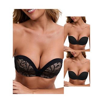 3 Packs Women's Deep V Strapless Wireless Demi Bandeau Lace Thin Top Thick Bottom Push-Up Tube Bra