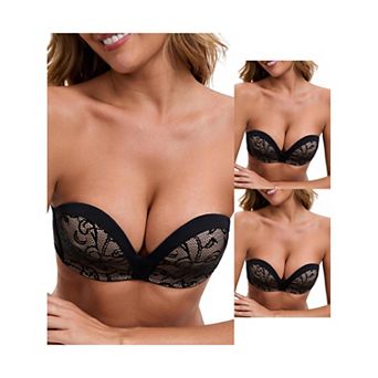 3 Packs Women's Deep V Strapless Wireless Demi Bandeau Lace Thin Top Thick Bottom Push-Up Tube Bra