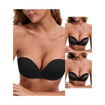 3 Packs Women's Deep V Strapless Wireless Demi Bandeau Lace Thin Top Thick Bottom Push-Up Tube Bra