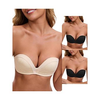 3 Packs Women's Deep V Strapless Wireless Demi Bandeau Lace Thin Top Thick Bottom Push-Up Tube Bra