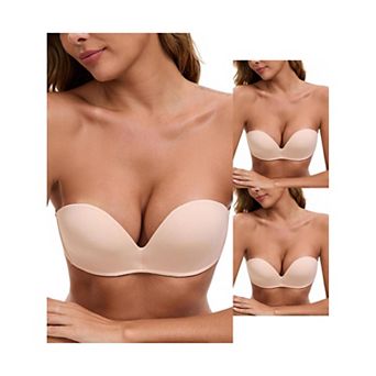 3 Packs Women's Deep V Strapless Wireless Demi Bandeau Lace Thin Top Thick Bottom Push-Up Tube Bra