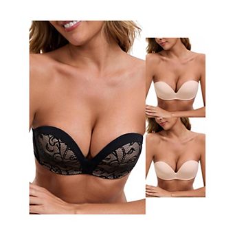 3 Packs Women's Deep V Strapless Wireless Demi Bandeau Lace Thin Top Thick Bottom Push-Up Tube Bra