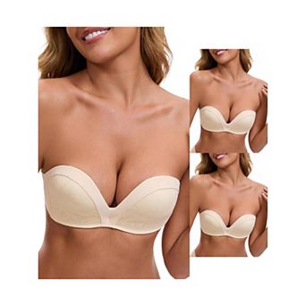 3 Packs Women's Deep V Strapless Wireless Demi Bandeau Lace Thin Top Thick Bottom Push-Up Tube Bra