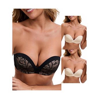 3 Packs Women's Deep V Strapless Wireless Demi Bandeau Lace Thin Top Thick Bottom Push-Up Tube Bra