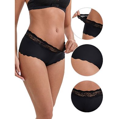 3 Packs Women's Ice Silk Lace Trim Mid-Waisted Boyshorts Hip-Lifting Full Coverage No Trace Panties