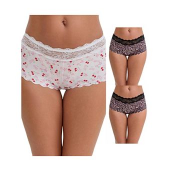 3 Packs Women's Ice Silk Lace Trim Mid-Waisted Boyshorts Hip-Lifting Full Coverage No Trace Panties