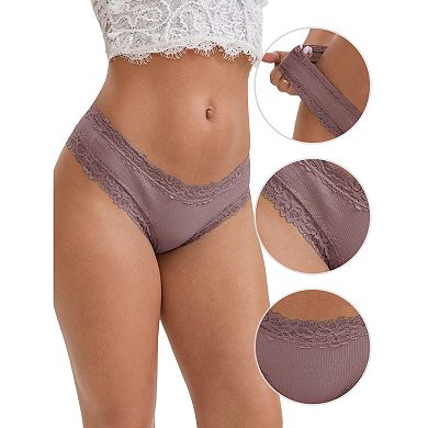 3 Packs Women's Lace Trim Mid-Waisted Ribbed Briefs Seamless Stylish Regular Fit Solid Panties