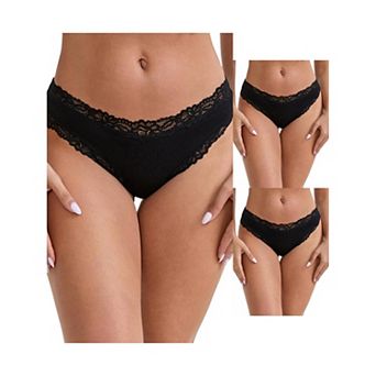 3 Packs Women's Lace Trim Mid-Waisted Ribbed Briefs Seamless Stylish Regular Fit Solid Panties