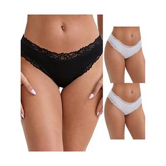 3 Packs Women's Lace Trim Mid-Waisted Ribbed Briefs Seamless Stylish Regular Fit Solid Panties