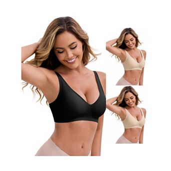 3 Packs Women's Deep V-Neck Wireless Bras Adjustable Spaghetti Straps Push-Up Seamless Lingerie