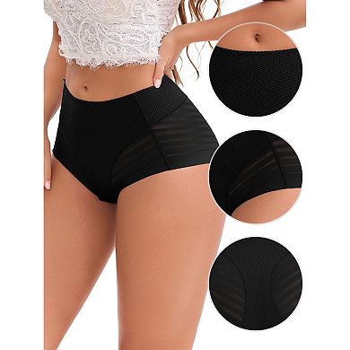 3 Packs Women's High-Waisted Hollow Lace Mesh Underwear Full Coverage Seamless Cotton Briefs